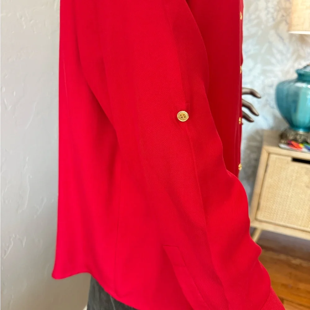Charter Club Red Classic Button up Silk Blouse‎ Preppy Crest Logo Pocket Size 16
